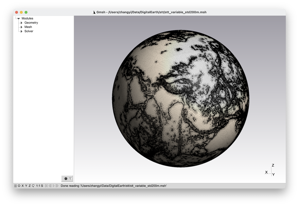 Global spherical mesh refined over topography, displayed in Gmsh